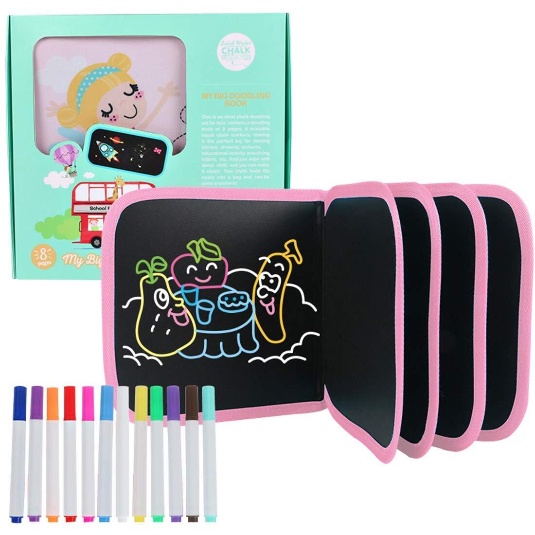 Erasable doodle art book with 14 pages 12 chalk colors and 2 wipes