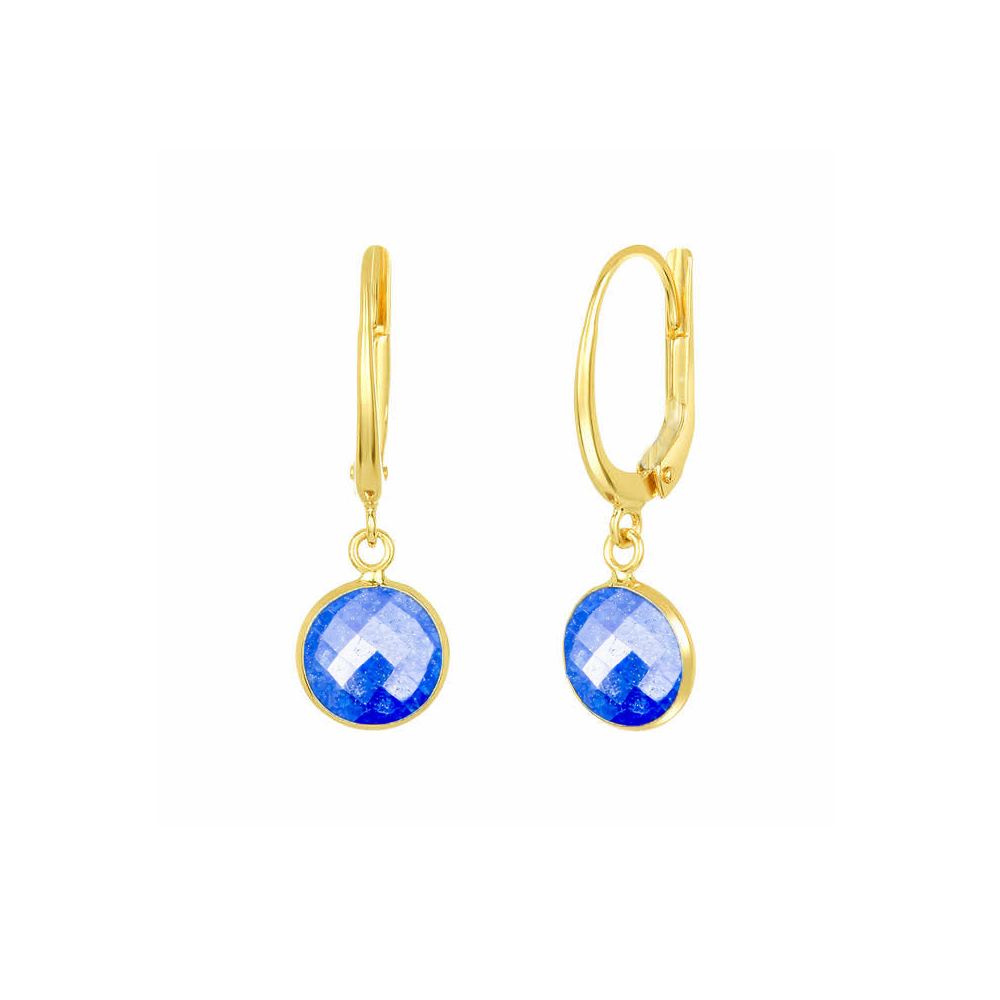 Lapis lazuli Gemstone 10mm Round Shape Bezel Set Gold Vermeil Hoop Earrings
