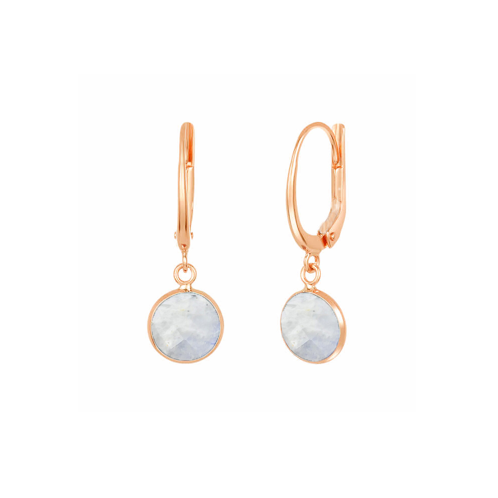 Rainbow Moonstone Gemstone 10mm Round Shape Bezel Set Gold Vermeil Hoop Earrings