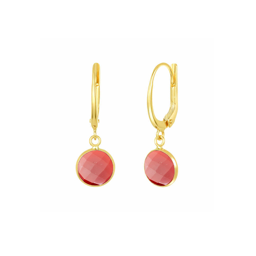 Red Agate Gemstone 10mm Round Shape Bezel Set Gold Vermeil Hoop Earrings