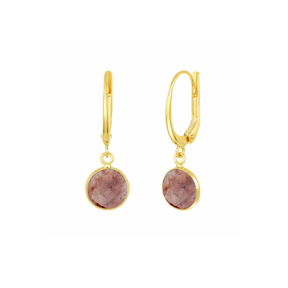 Strawberry Quartz Gemstone 10mm Round Shape Bezel Set Gold Vermeil Hoop Earrings