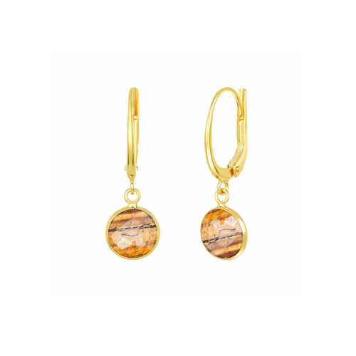 Tiger Eye Gemstone 10mm Round Shape Bezel Set Gold Vermeil Hoop Earrings