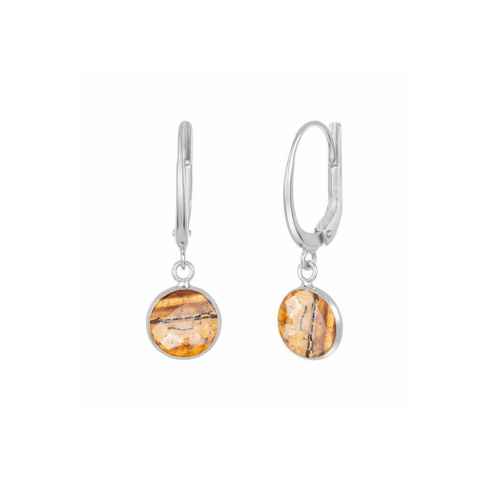 Tiger Eye Gemstone 10mm Round Shape Bezel Set Gold Vermeil Hoop Earrings