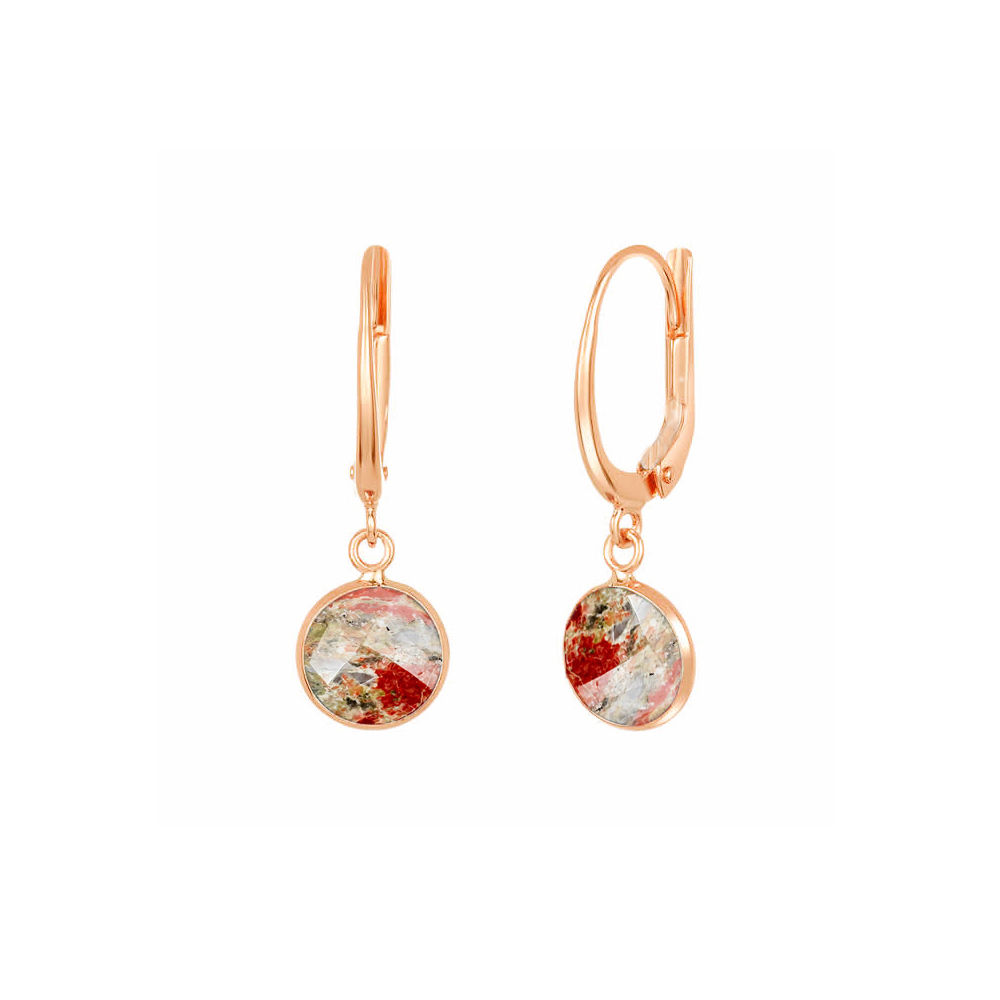 Unakite Gemstone 10mm Round Shape Bezel Set Gold Vermeil Hoop Earrings