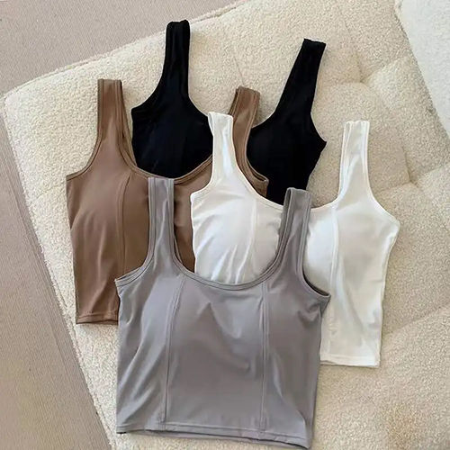 Ice Silk Square Neck Fixed Cups Crop Tops