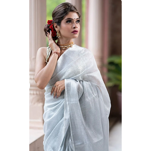 6m Party Wear Border Linen Tissue Saree With Blouse Piece - Linen Tissue Fabric, 6m Length, Hand Embroidery, Available in Various Colors | Printed Pattern, Suitable for All Seasons