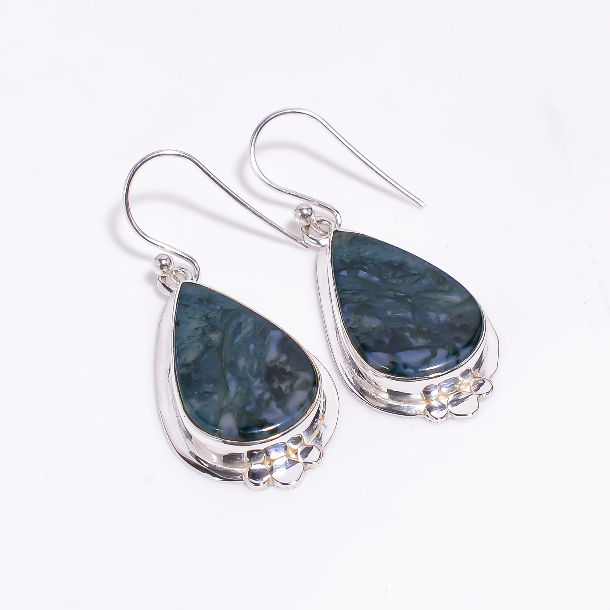 Natural Moss Agate Gemstone 925 Sterling Silver Drop Earrings Girls Fashion Earrings Wholesaler