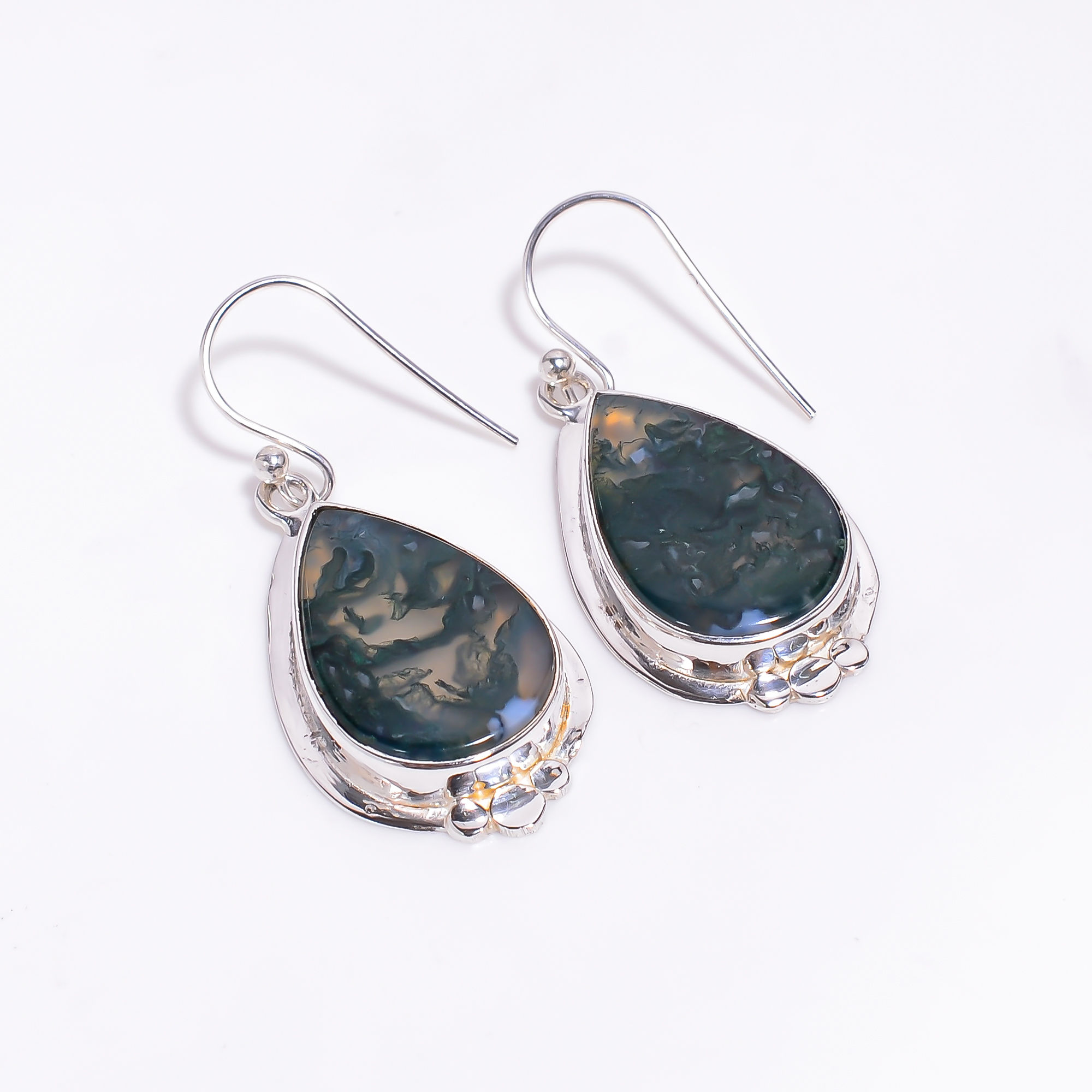 Natural Moss Agate Gemstone 925 Sterling Silver Drop Earrings Women Fashion Earrings Supplier