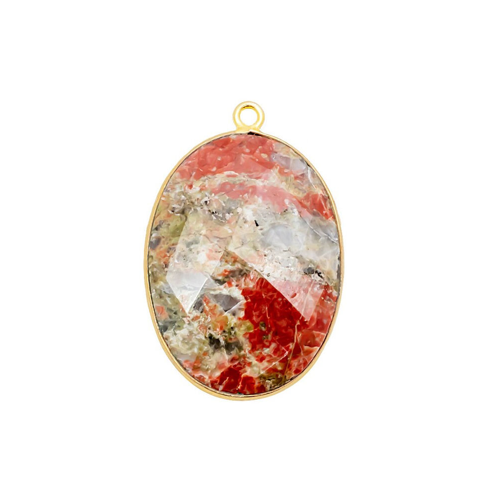 Unakite Gemstone 14x10mm Oval Shape Gold Vermeil Bezel set Charm