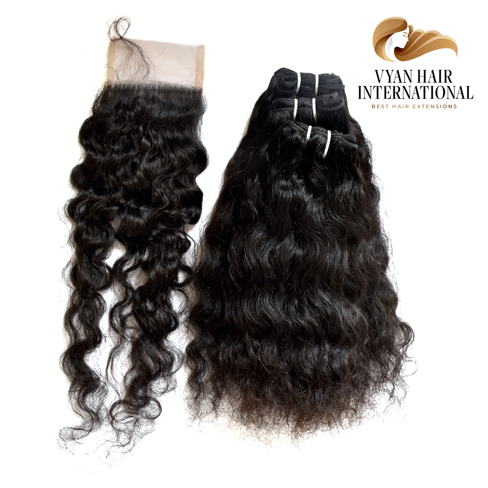 Double Drawn Virgin Indian Human Hair Curls 3 Bundles With Lace Frontal Closure