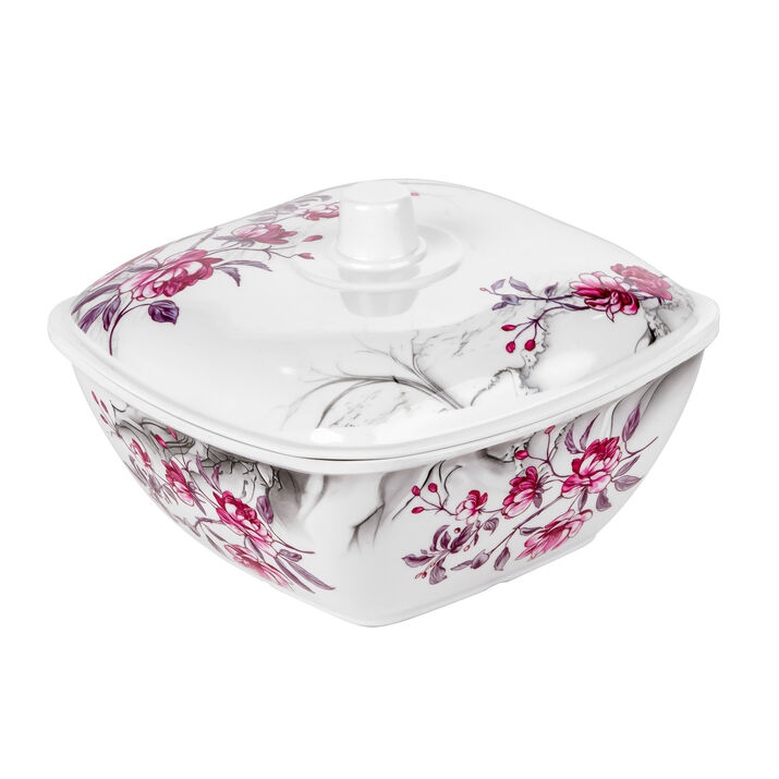 Square Donga With Lid - Glossy White Finish, Printed Design | Good Quality Material For Everyday Use