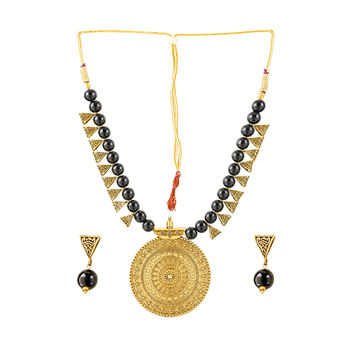 New Women's Black Copper Plated Pearl Necklace Set