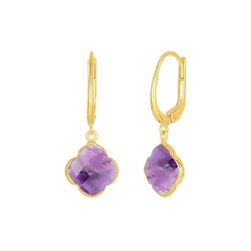 Amethyst Gemstone 12mm Clover Shape Gold Vermeil Bezel Set Hoop Earring