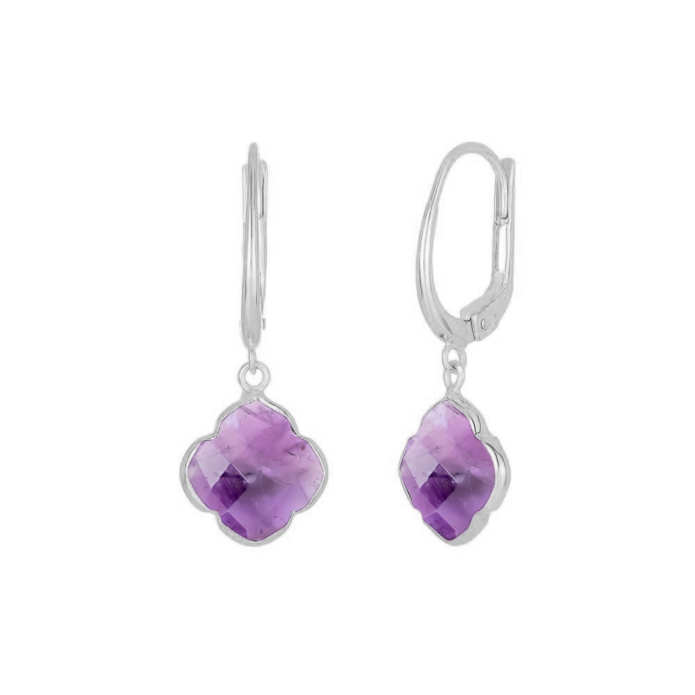 Amethyst Gemstone 12mm Clover Shape Gold Vermeil Bezel Set Hoop Earring