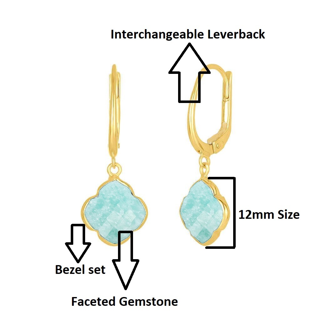 Aqua Chalcedony Gemstone 12mm Clover Shape Gold Vermeil Bezel Set Hoop Earring