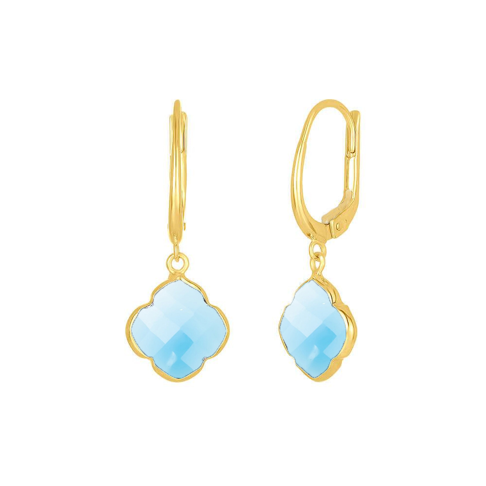 Blue Chalcedony Gemstone 12mm Clover Shape Gold Vermeil Bezel Set Hoop Earring