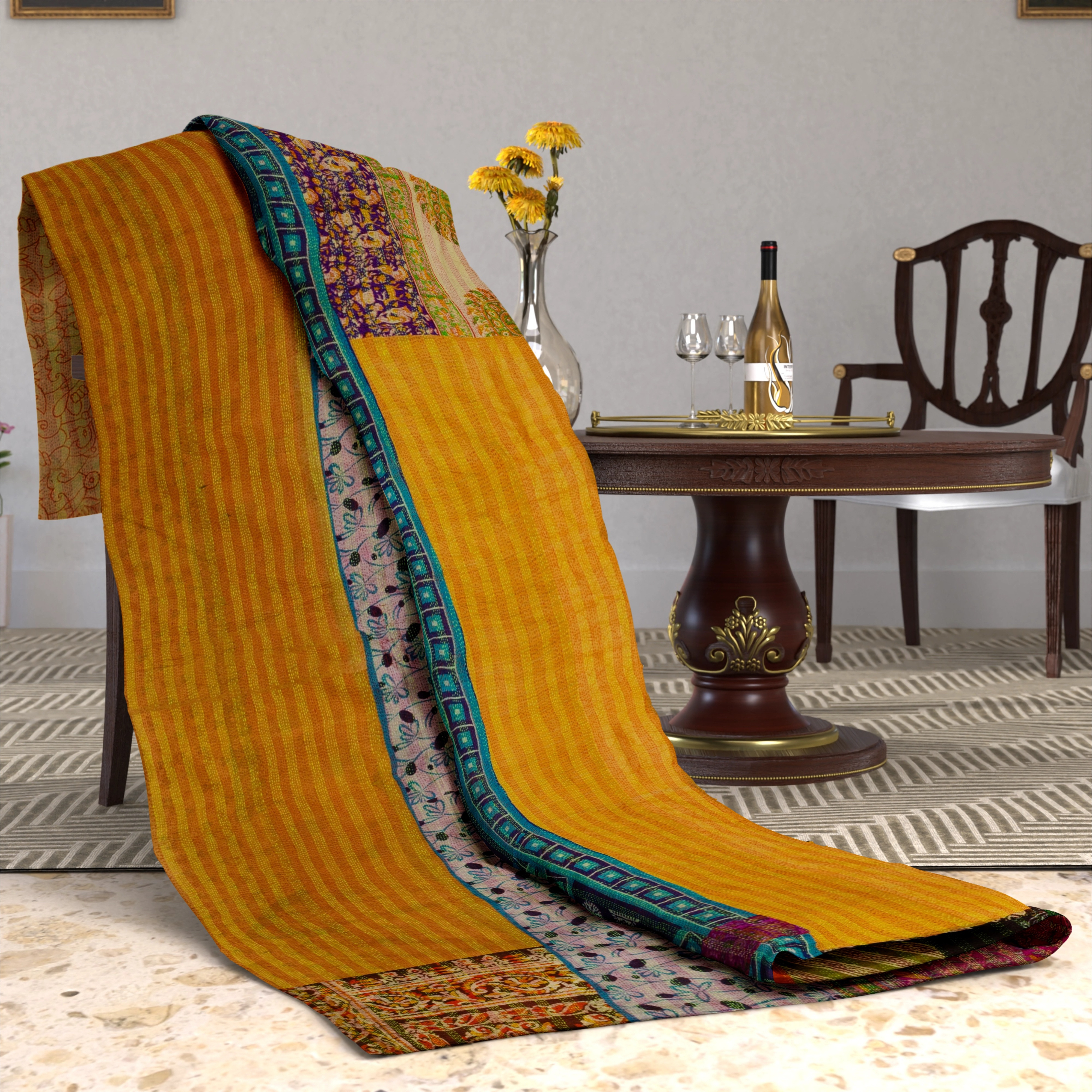 Vintage Silk Kantha Patch Bedsheet
