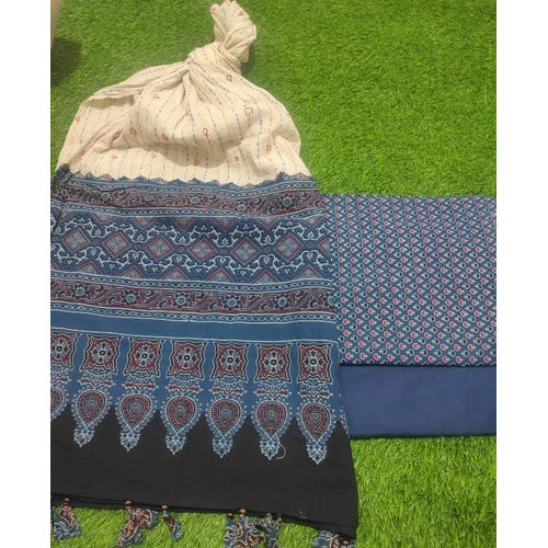 Light In Weight Grey Ajrakh Print Ladies Cotton Suit Fabric