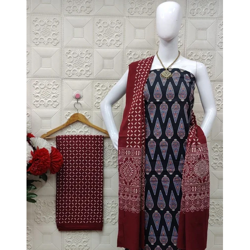 Ajrakh Print 100% Cotton Dress Material - Attributes: Washable