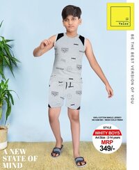 Boys Casual Vest Shorts - Cotton, Size 2-14 Years, White | Sleeveless, Printed Pattern, Trendy Style For Summer
