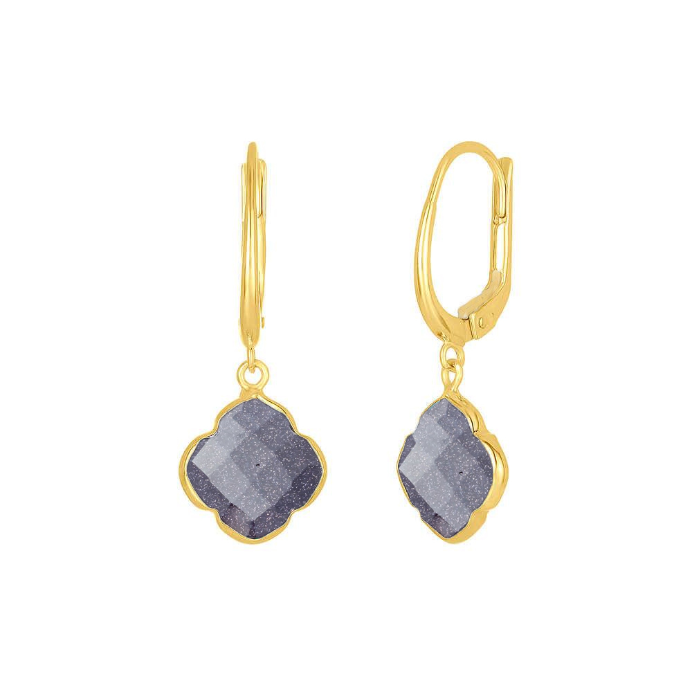 Blue Sunstone Gemstone 12mm Clover Shape Gold Vermeil Bezel Set Hoop Earring