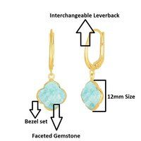 Blue Sunstone Gemstone 12mm Clover Shape Gold Vermeil Bezel Set Hoop Earring