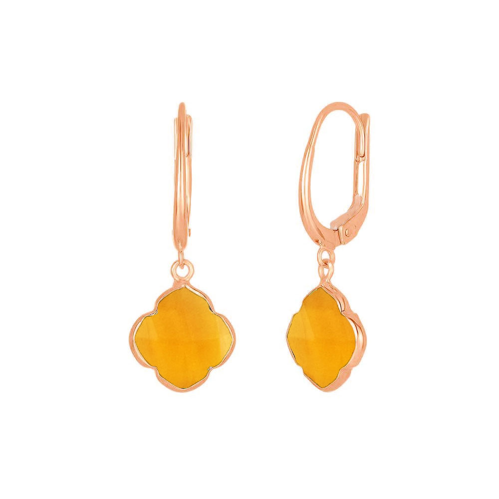 Citrine Quartz Gemstone 12mm Clover Shape Gold Vermeil Bezel Set Hoop Earring