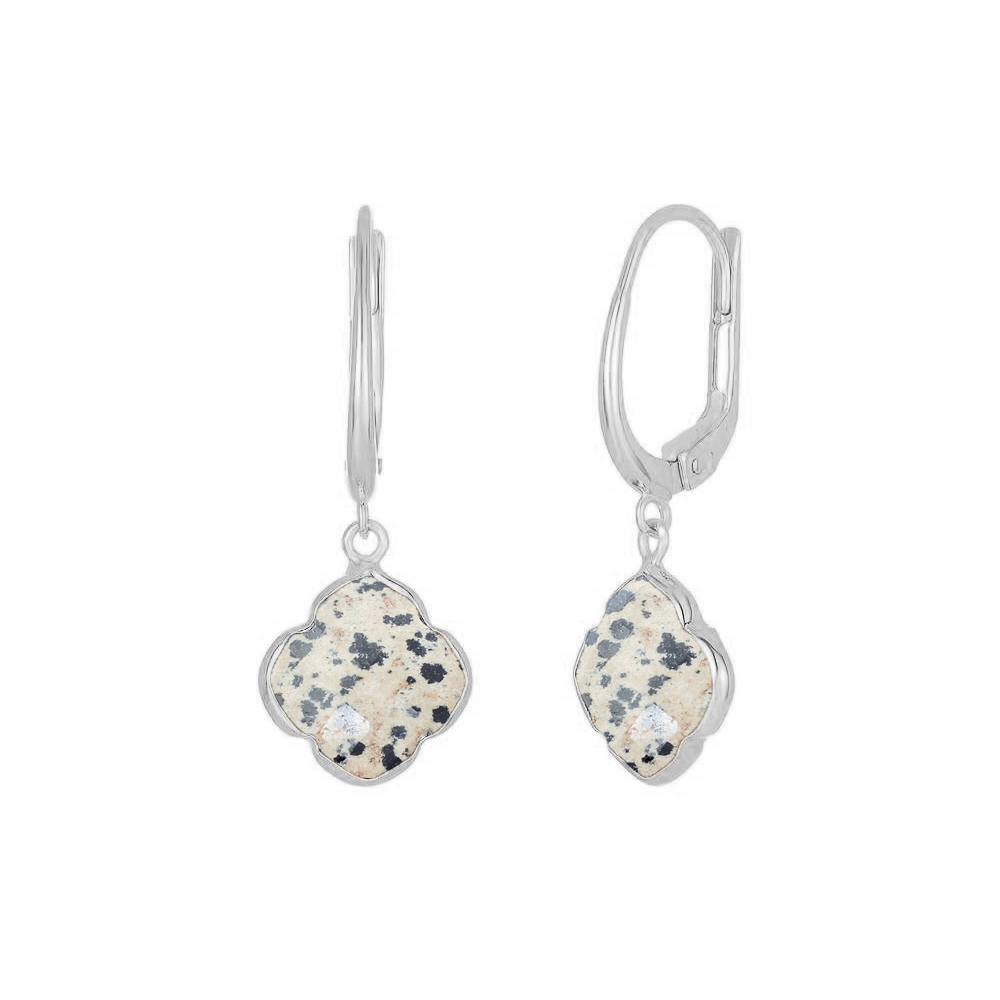 Dalmatian Jasper Gemstone 12mm Clover Shape Gold Vermeil Bezel Set Hoop Earring