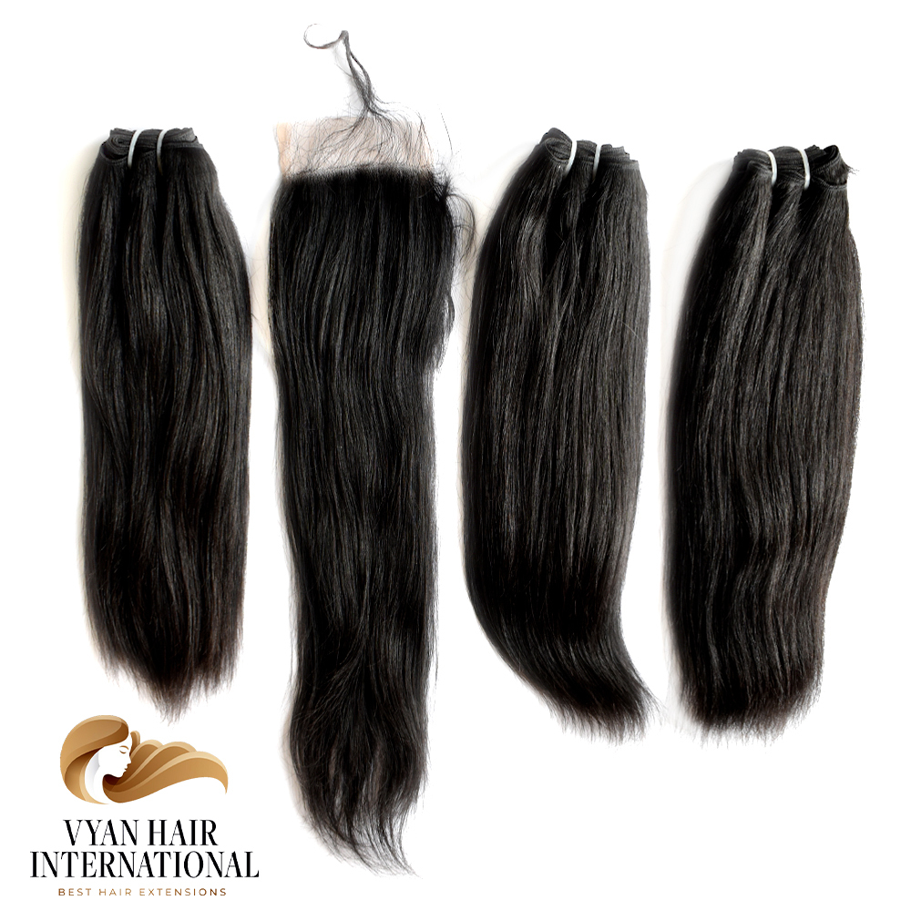 40 Inch 100% Human Hair Peruvian Cuticle Aligned Raw Virgin Straight Bundles With Ear To Ear Frontal Closure