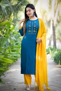 Fancy Reyon Slub With Embroidered Work Kurti Set