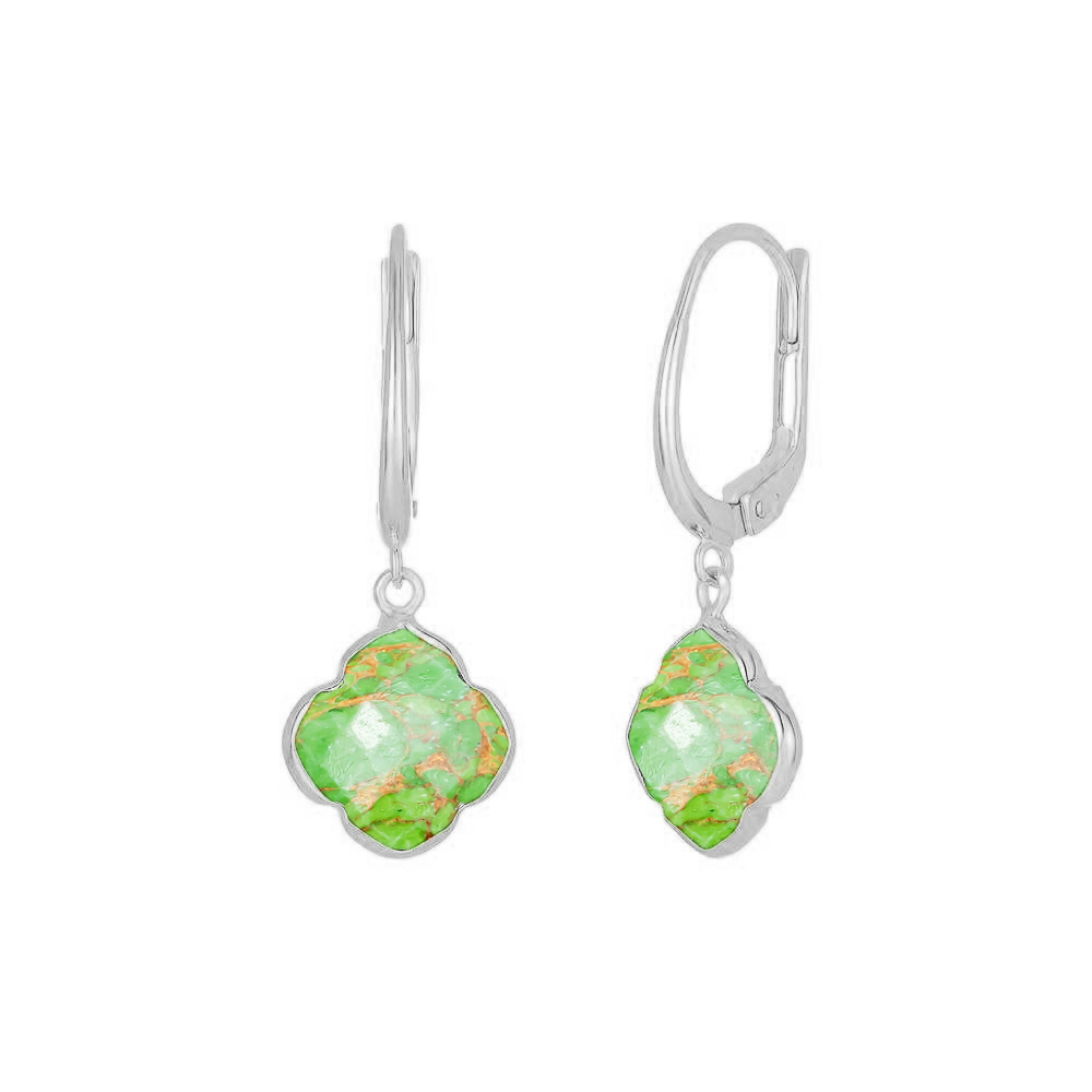 Green Turquoise Gemstone 12mm Clover Shape Gold Vermeil Bezel Set Hoop Earring