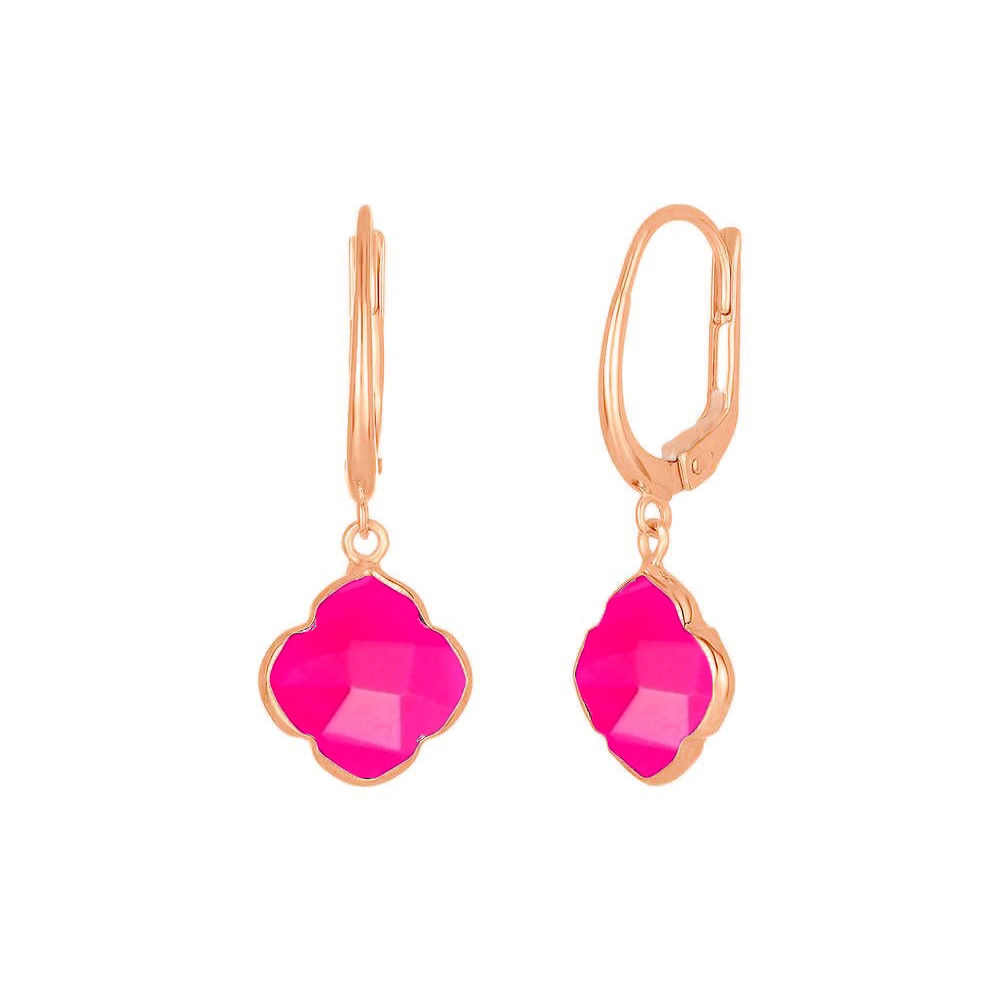 Hot Pink Chalcedony Gemstone 12mm Clover Shape Gold Vermeil Bezel Set Hoop Earring