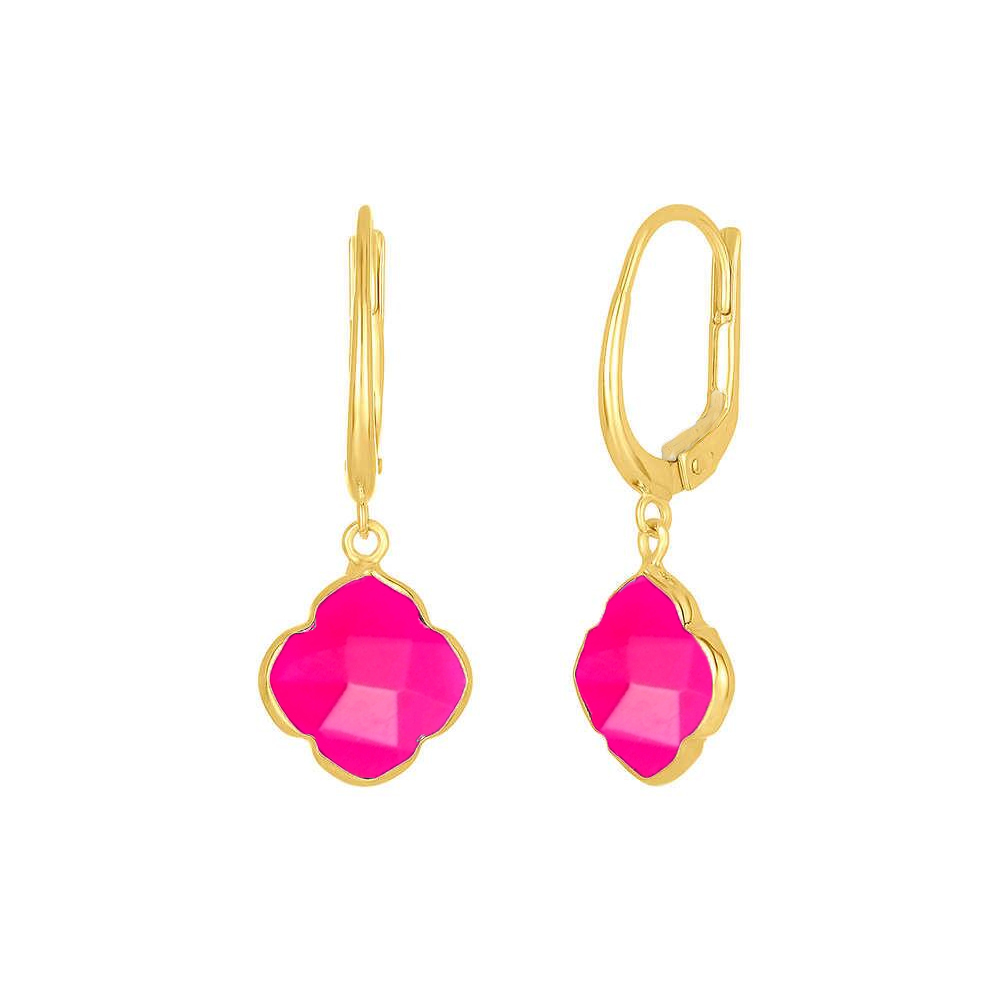 Hot Pink Chalcedony Gemstone 12mm Clover Shape Gold Vermeil Bezel Set Hoop Earring