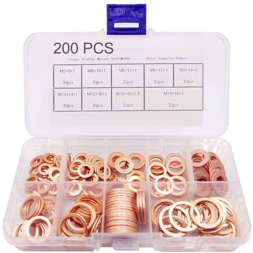 200 टुकड़ाs Copper Washer Copper Gasket Set Flat Seal Ring Assortment Kit