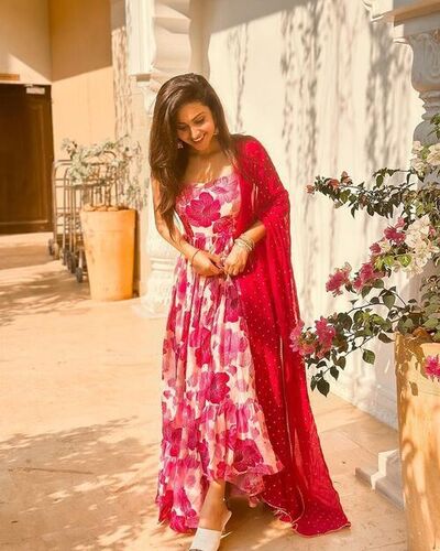 Traditional Pretty Pink Georgette Anarkali Suit With Dupatta