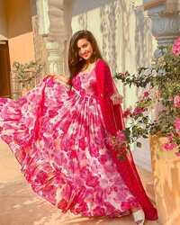 Traditional Pretty Pink Georgette Anarkali Suit With Dupatta