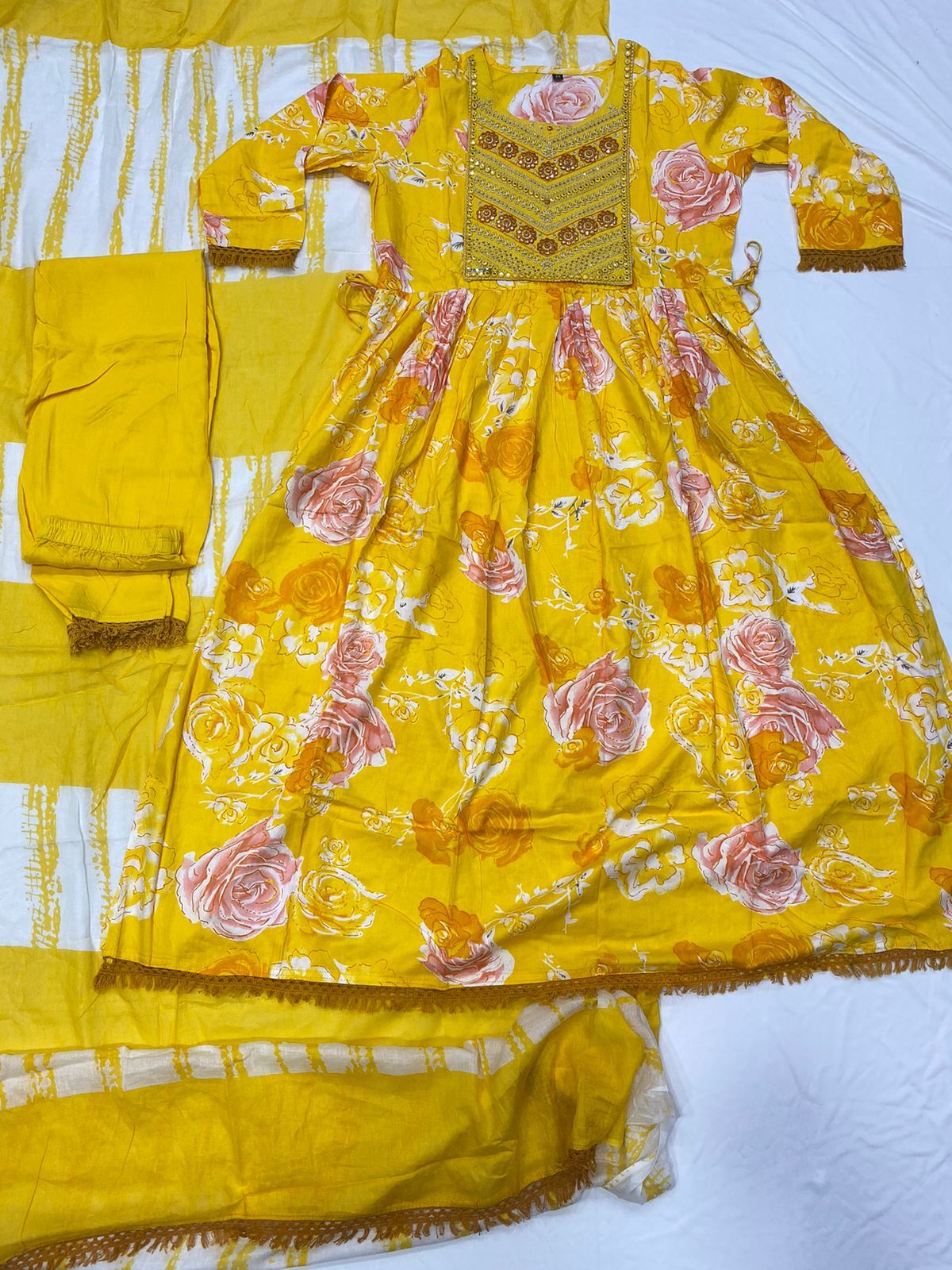 Stylish Yellow Pure Rayon Cotton Kurti With Pent Set