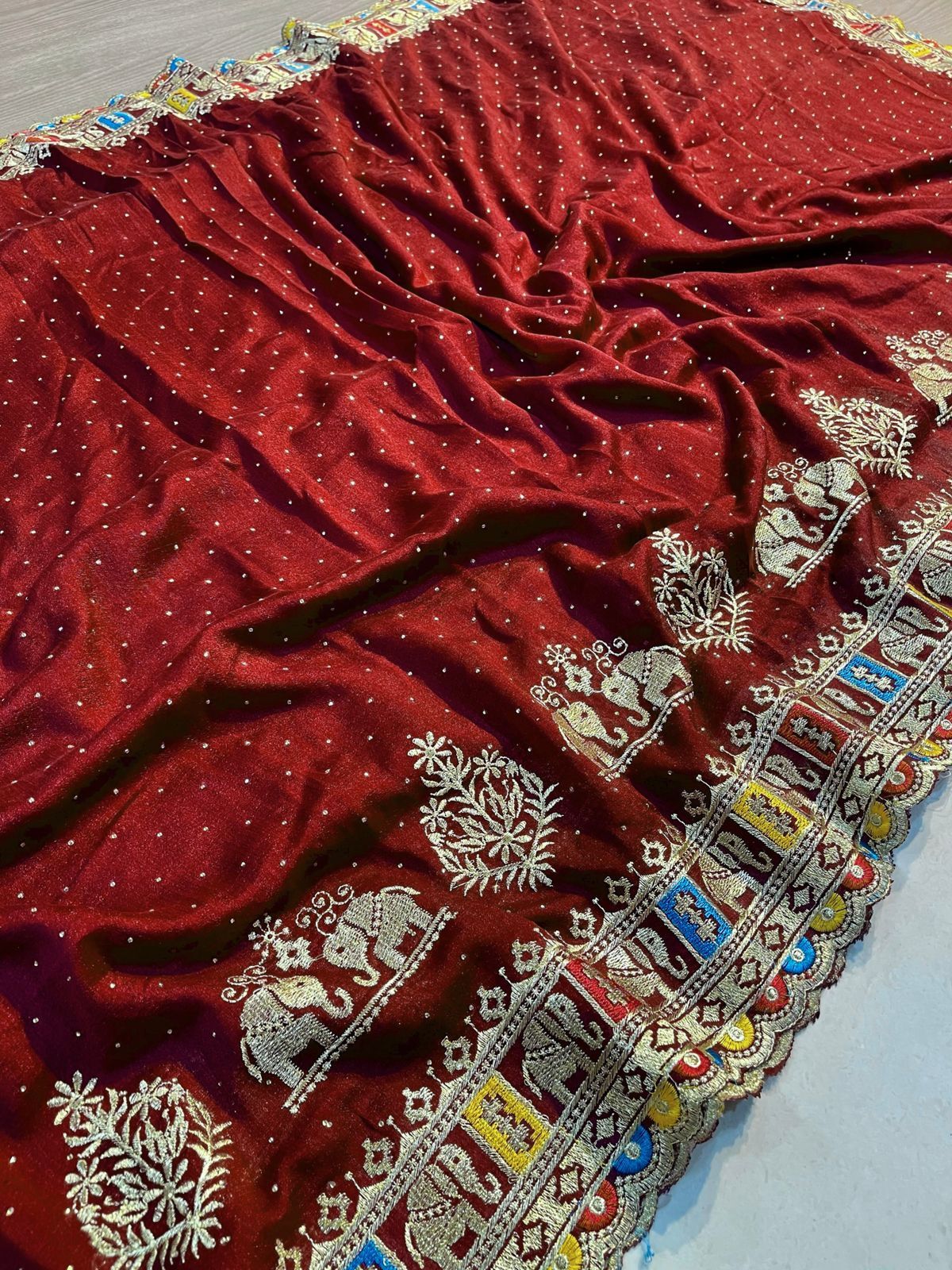 New Silk Multi Embroidery Siroski Dimound Work Saree