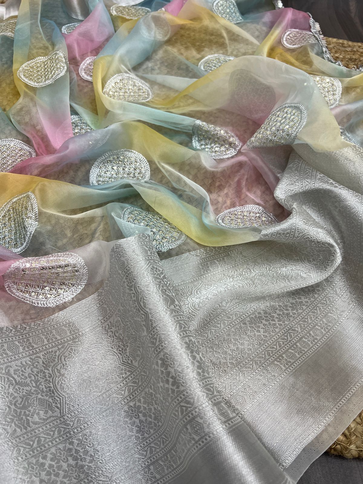 New Silk Organza Weaving Border Hand Printed Saree