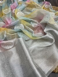 New Silk Organza Weaving Border Hand Printed Saree