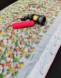 Beautiful Soft Georgette kalmakari Print With Embroidery Work Saree