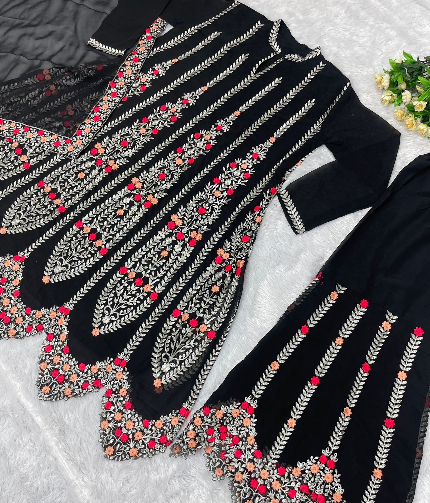 New Designer Heavy Fuax Georgette Top With Palazzo Dupatta