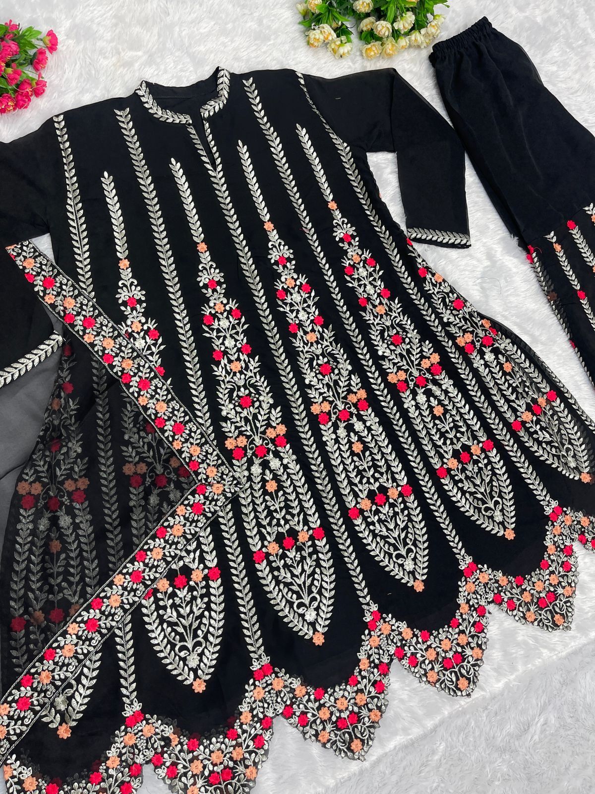 New Designer Heavy Fuax Georgette Top With Palazzo Dupatta