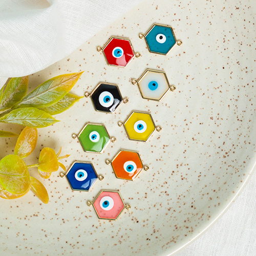 16mm Hexagon Shape Evil Eye Enamel Connector Charms