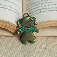 43mm Doll Antique Alloy Charms Pendants - Color: Bronze With Turquoise Accents