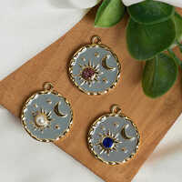 20mm Sun, Moon Diamond Charms - Color: Gold With Multi-color Stones (pearl Pink Blue)