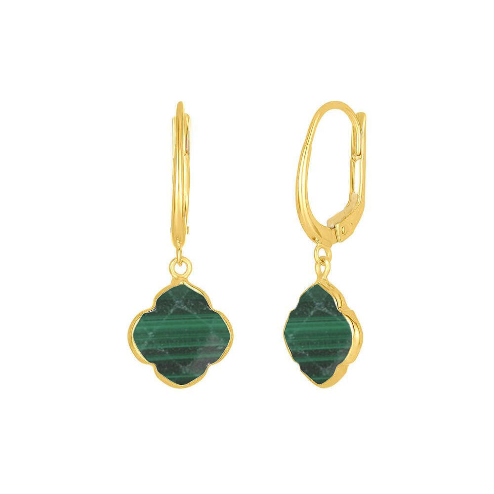 Malachite Gemstone 12mm Clover Shape Gold Vermeil Bezel Set Hoop Earring