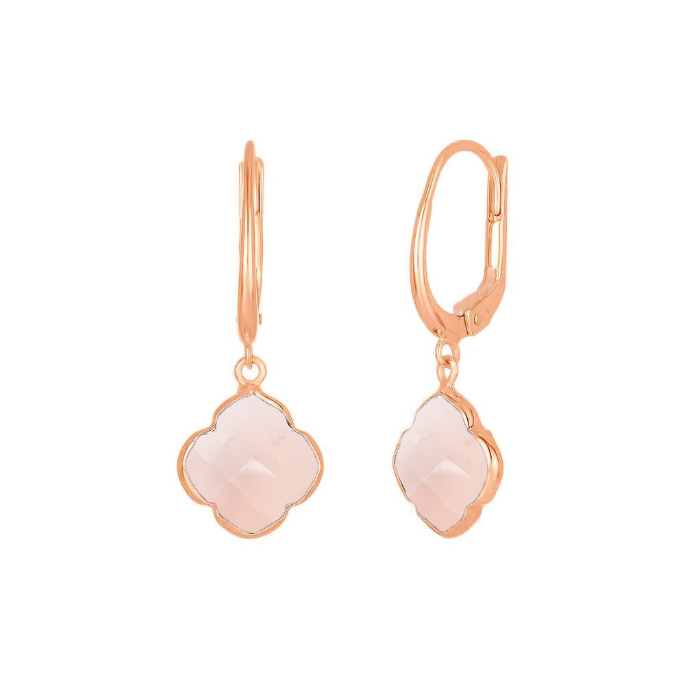 Pink Chalcedony Gemstone 12mm Clover Shape Gold Vermeil Bezel Set Hoop Earring