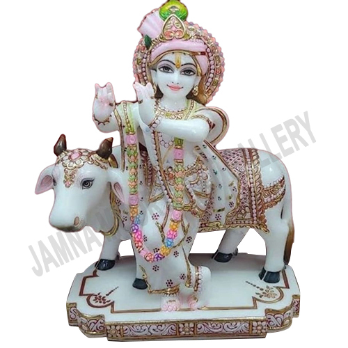 Religious White Marble Shri Krishna With Nandi Statue