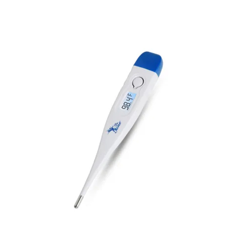 Accu Sure Digital Thermometer - Plastic Material, White-Blue Color | Automatic Operation, Large LCD Display, Flexible Tip, Fever Alarm